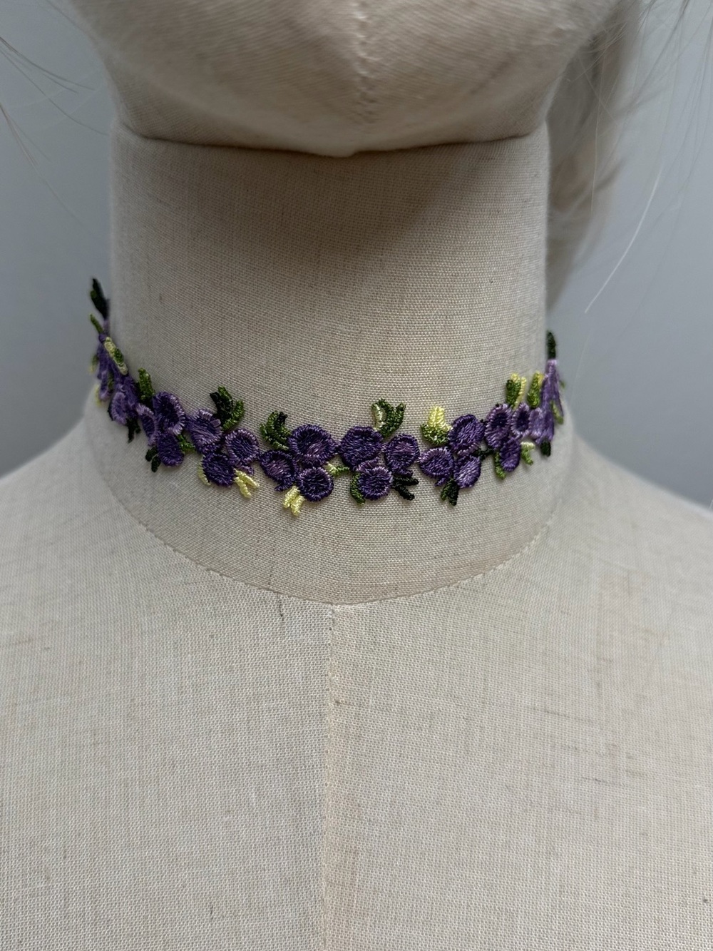 Purple Floral Lace Choker Necklace Embroidered Flowers Cottagecore Coquette